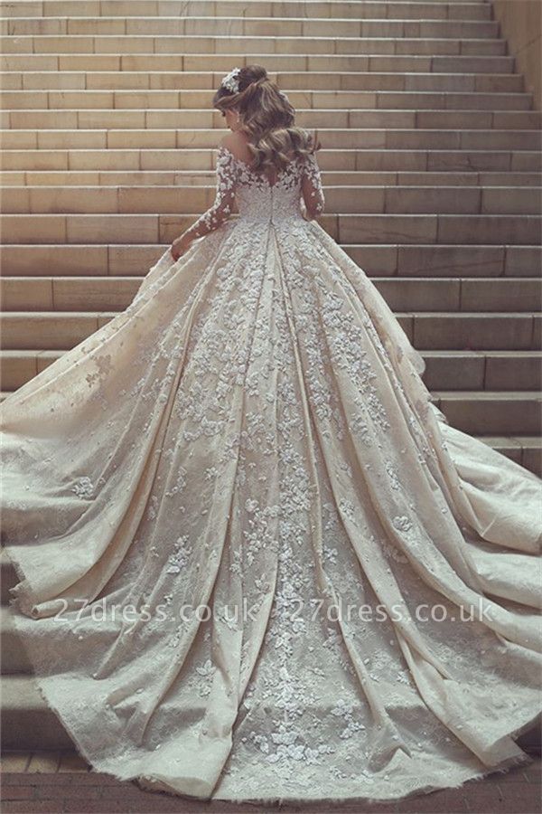 Tulle Crystal Long-Sleeves Gorgeous Appliques Wedding Dress BA6989