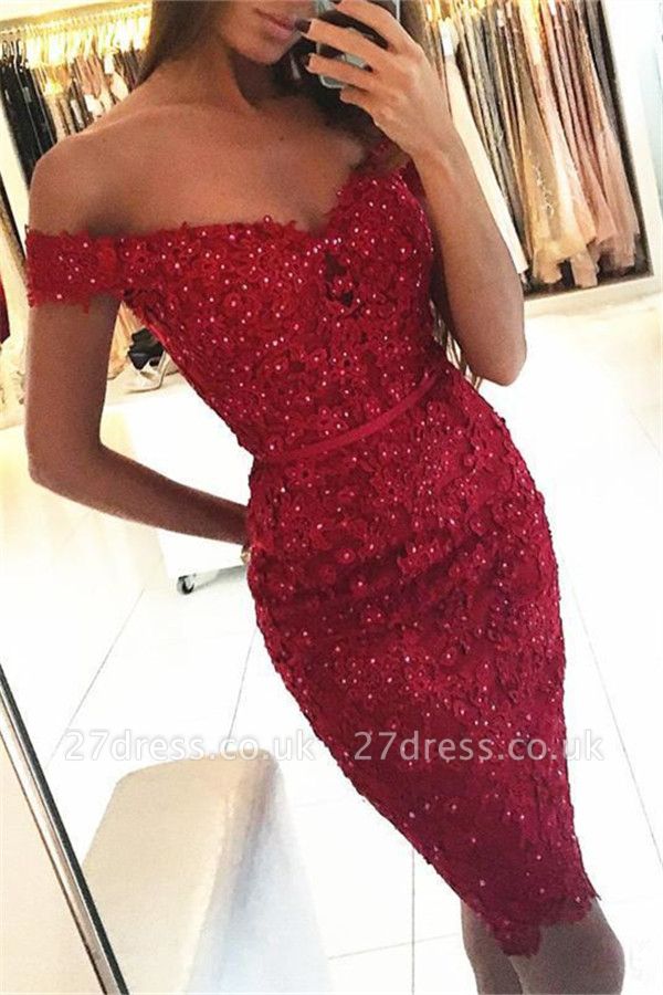 Beadings Short Sheath Red Off-the-Shoulder Appliques Elegant Tight Homecoming Dress UK qq0326