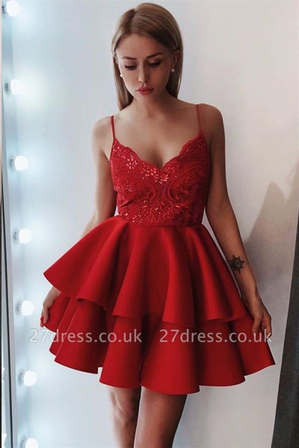Chic Lace Spaghetti Straps Red Homecoming Dresses | Sleeveless Short Evening Dress UK
