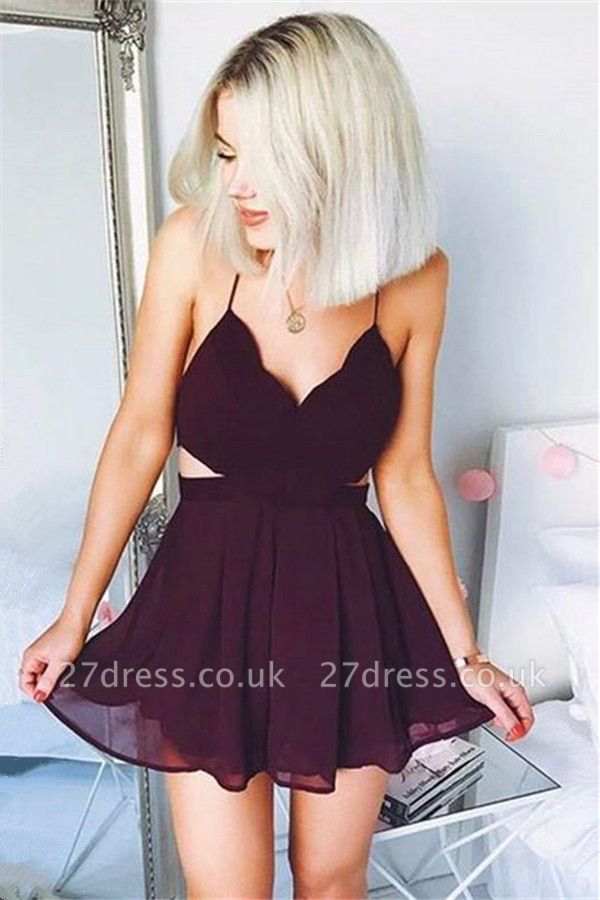 Sexy Backless Mini Party Dresses | Spaghetti Straps Maroon Short Evening Dress