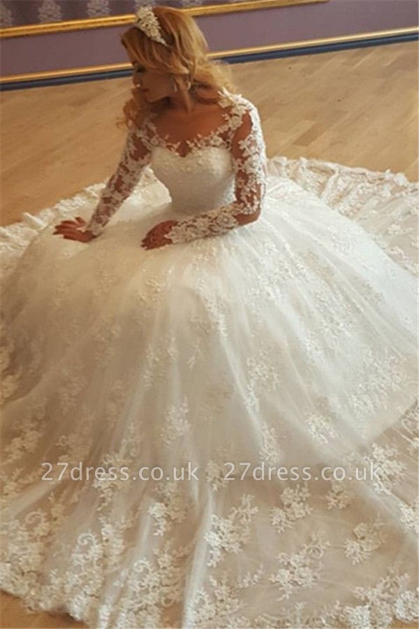 Gorgeous Lace Ball-Gown Long-Sleeves Vintage Appliques Wedding Dresses UK