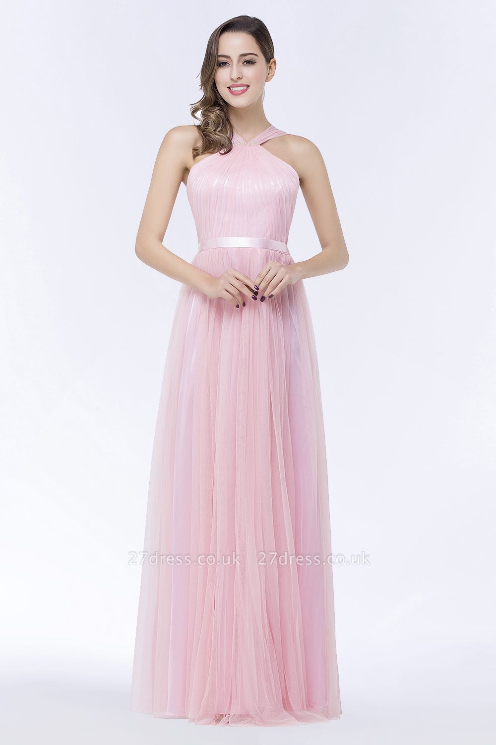 Amazing Halter Pink Tulle Bridesmaid Dress with Belt