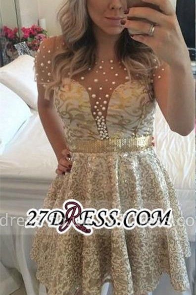 A-line Gold Short-Sleeves Beadings Short Lace Homecoming Dress UK