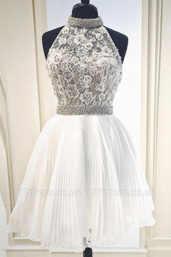 High Neck Beaded Knee Length Party Dresses | Sleeveless Short Evening Dress UK