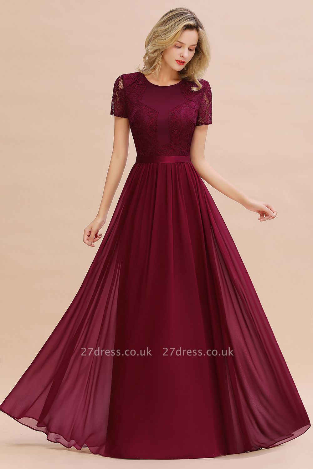 Elegant Chiffon Lace Jewel Short-Sleeves A-Line Bridesmaid Dress Long