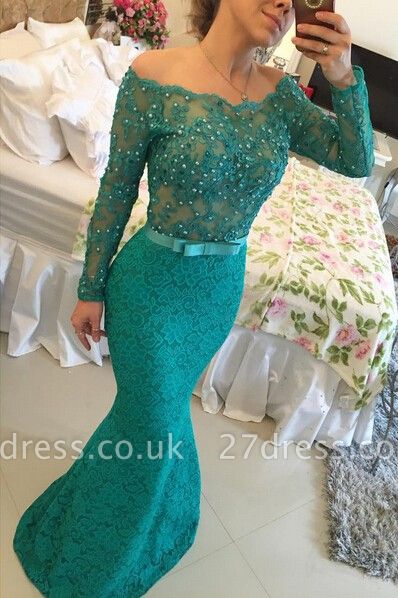 Modern Long Sleeve Lace Mermaid Prom Dress UK Pearls Off-the-shoulder BA2588