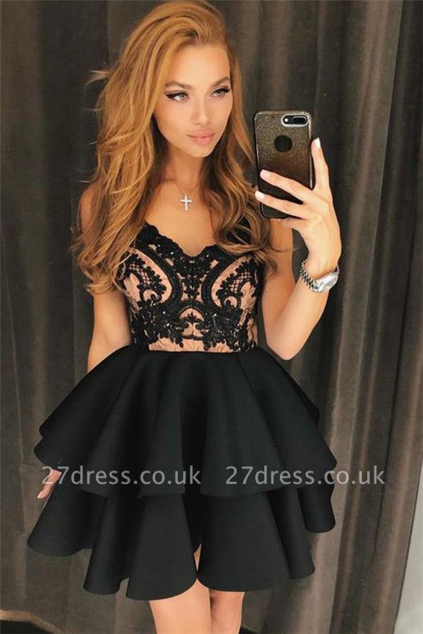 Black Straps A-Line Lace Homecoming Dress