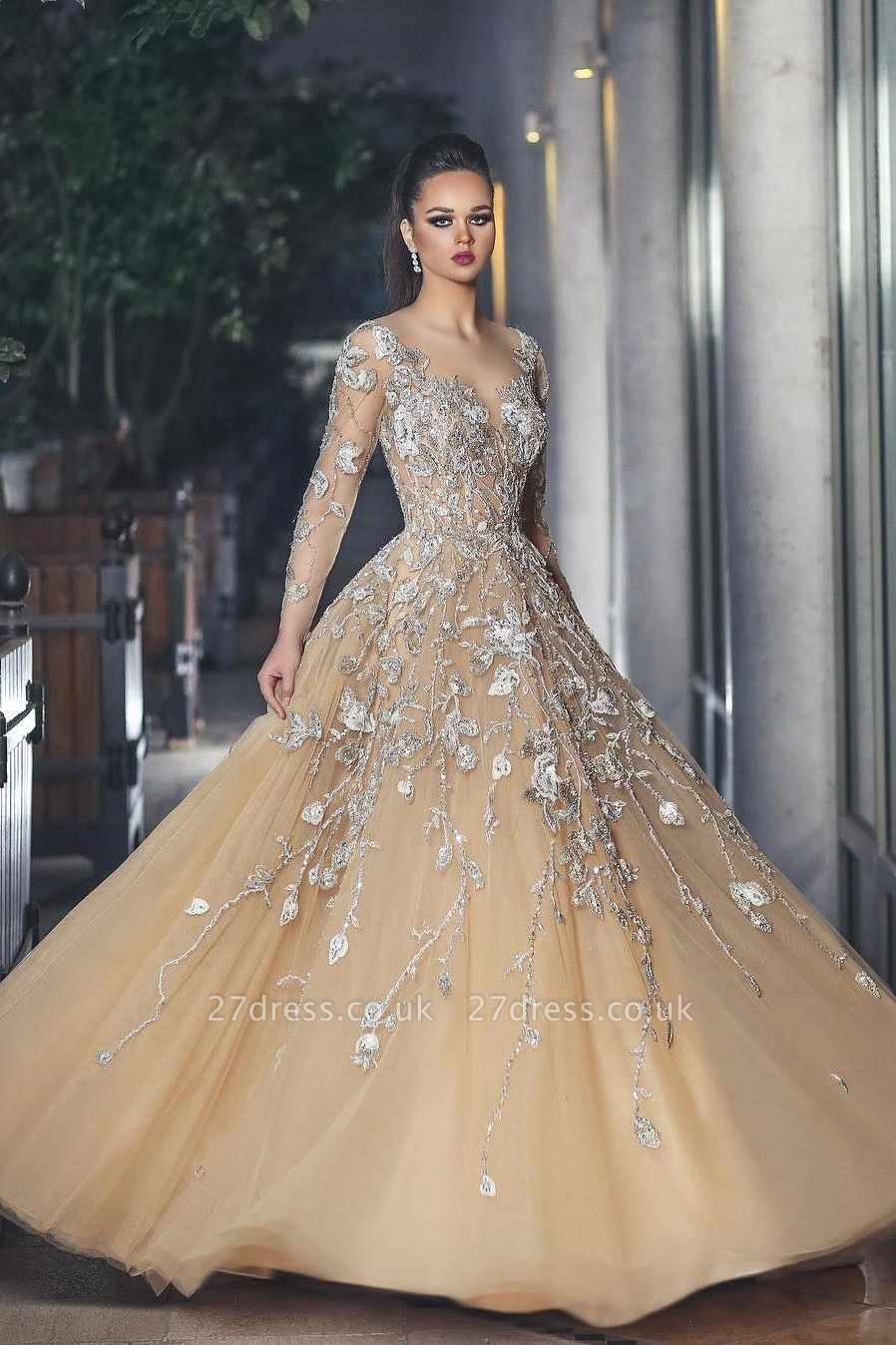 Gorgeous Long Sleeve Evening Dress UK Tulle With Lace Appliques BA8501