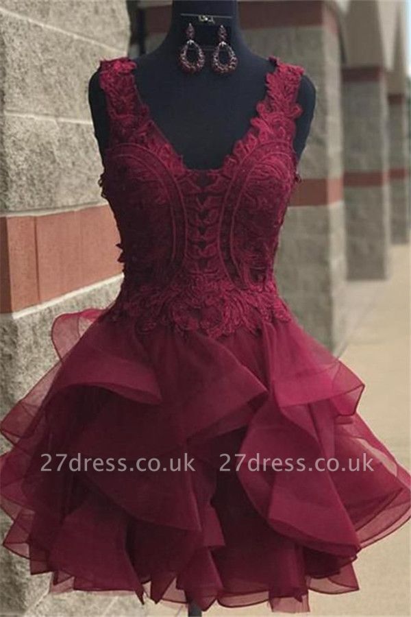 Lace Straps Modest Short Ruffles Sleeveless Homecoming Dress UK