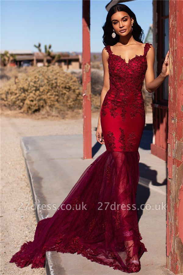 Burgundy Evening Gowns Cheap | Straps Appliques Tulle Mermaid Prom Dresses UK