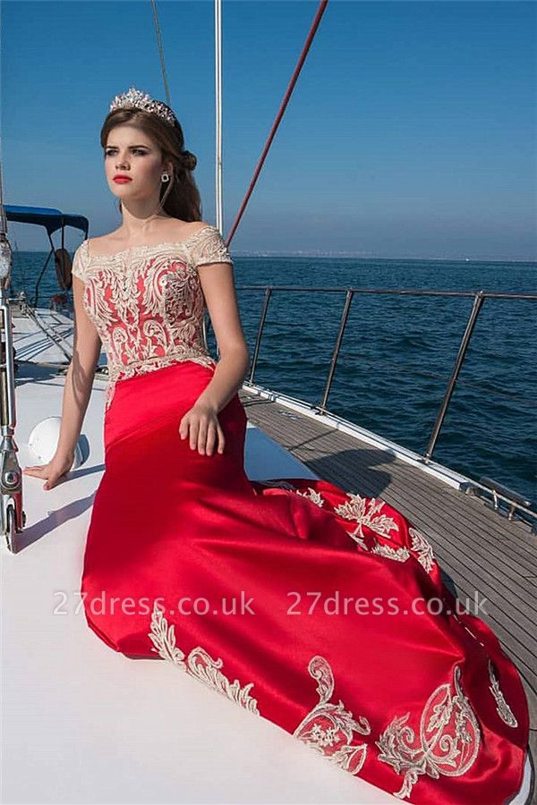 Cap Sleeve Appliques Prom Dresses Sexy Online | Red Long Evening Dresses UK