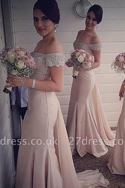 Elegant Off-the-shoulder Mermaid Bridesmaid Dress UK Beadings Sweep Train