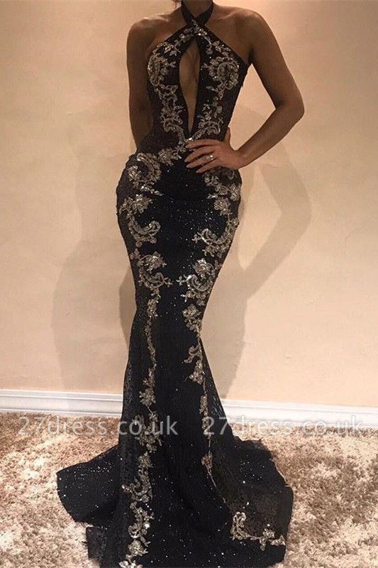 Gorgeous Halter Black Evening Dress UK | Mermaid Sequins Prom Dress UK With Appliques