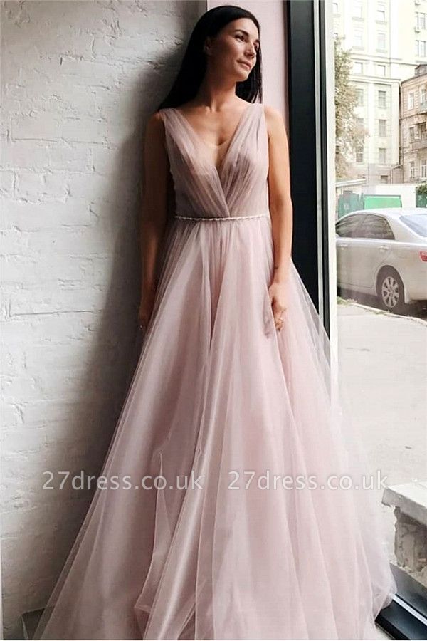 Tulle V-Neck Open Back Formal Dresses UK | Beaded Chains Sexy Evening Dress