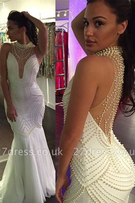 Beautiful Sleeveless Pearls Mermaid Prom Dress UKes UK Floor Length