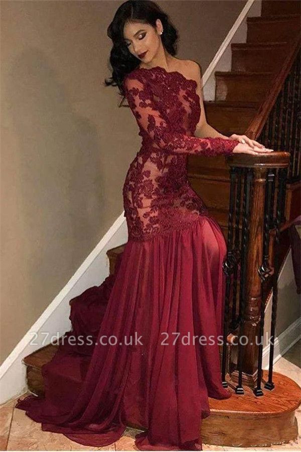 Sexy Tulle Lace One Shoulder Prom Dresses | Long Sleeve Burgundy Evening Dress UK