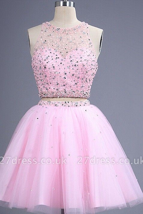 Pink two Pieces Short Prom Dress UK Beadings Tulle Homecoming Dress UK