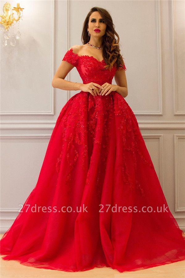 Tulle Lace Off The Shoulder Sexy Prom Dress UK| Sweetheart Red Evening Dress