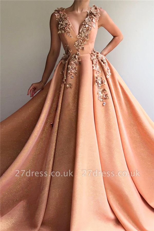 Sparkly Sequins V-Neck Sleeveless Prom Dress | Stylish Appliques Long Affordable Evening Dress UK