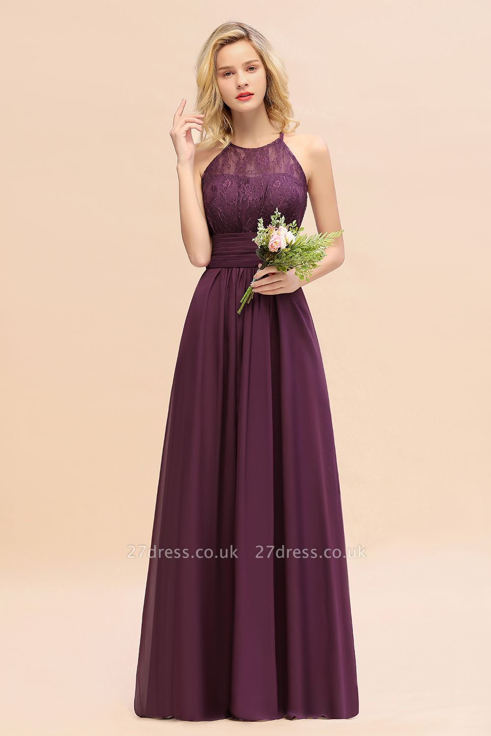 Halter Grape Lace Bridesmaid Dress Sleeveless Long Wedding Guest Dress