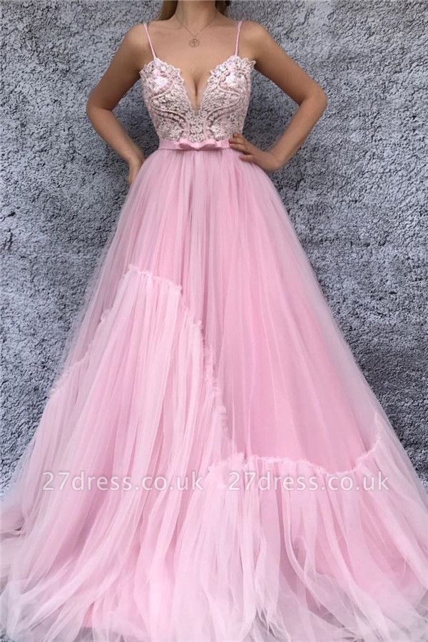 Spaghetti Straps V-Neck Pink Evening Dress UK | Sexy Lace Bodice  Long Prom Dress with Sash
