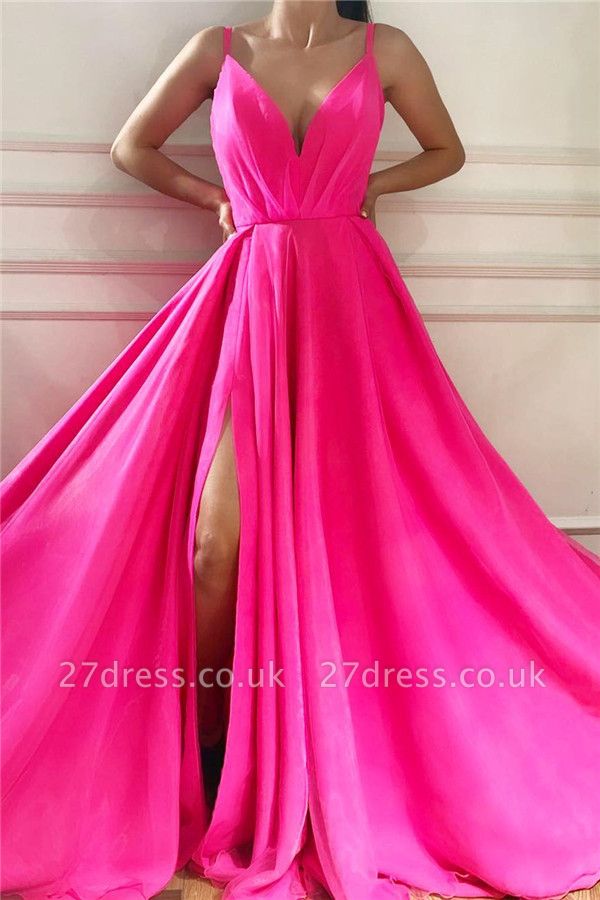 Spaghetti Straps Sleeveless Long Prom Dress | Affordable Sexy Slit Long Pink Evening Dress UK