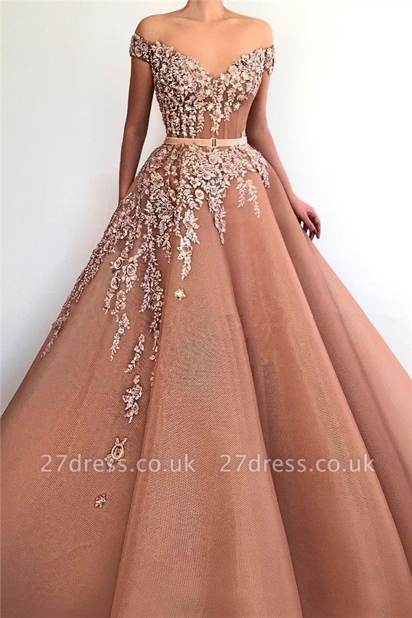 Sexy Off the Shoulder Sweetheart Evening Dress UK | Ball Gown Applqiues Sleeveless Affordable Prom Dress