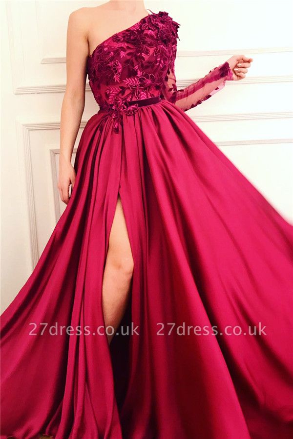One Shoulder Sexy Slit Burgundy Prom Dress | Affordable One Sleeve Appliques Evening Dress UK