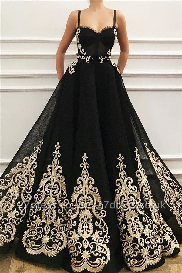 Straps Sweetheart Black Tulle Prom Dress Cheap Online | Sexy Sleeveless Champagne Evening Dress UK
