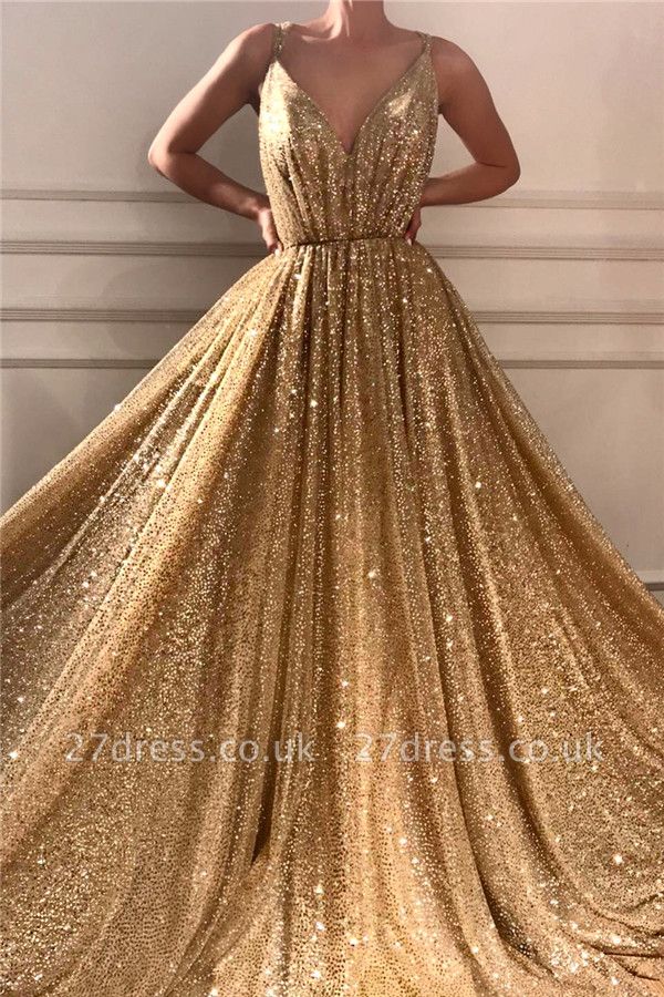 Chic Sequins Spaghetti Straps Cheap Evening Dress | Sparkling V-Neck Sleeveless Gold Prom Dress