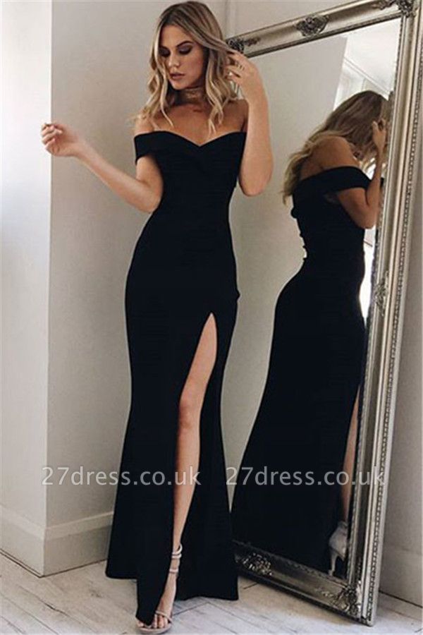 Black Split-Front Long Off-the-shoulder Simple Evening Dress UK lpl200