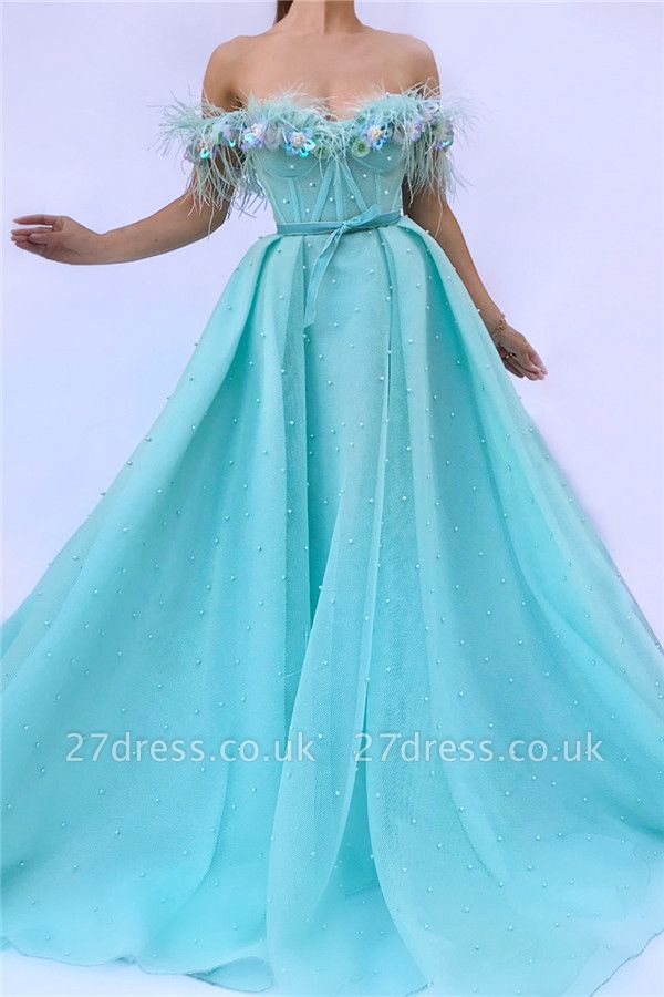Off the Shoulder Sleeveless Evening Dress UK | Cute Feather Tulle Long Prom Dress with Pearls