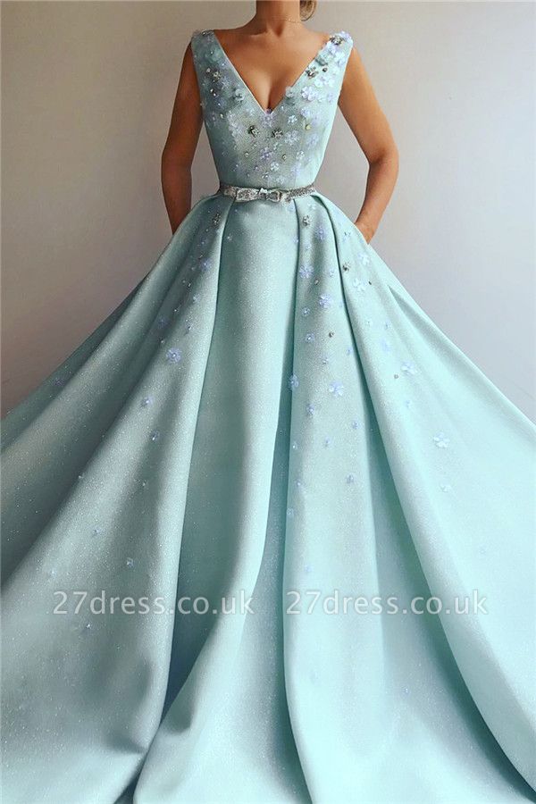 Sexy Sequins V-Neck Sleeveless Evening Dress | Flowers Pearls Long Prom Dress with Beaded Sash