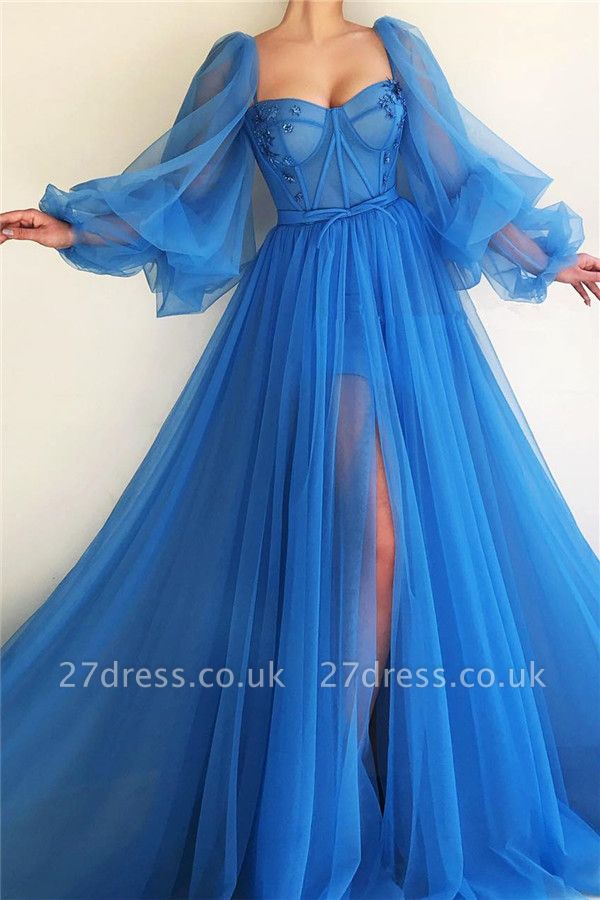 Long Sleeve Sweetheart Sheer Bodice Prom Dress |  Sexy Slit Blue Evening Dress UK Cheap