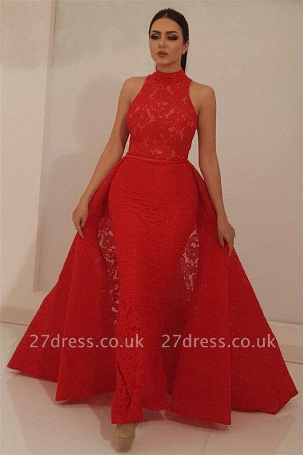 High Neck Sleeveless Red Lace Evening Dress UK | Mermaid Long Prom Dress with Detachable Skirt