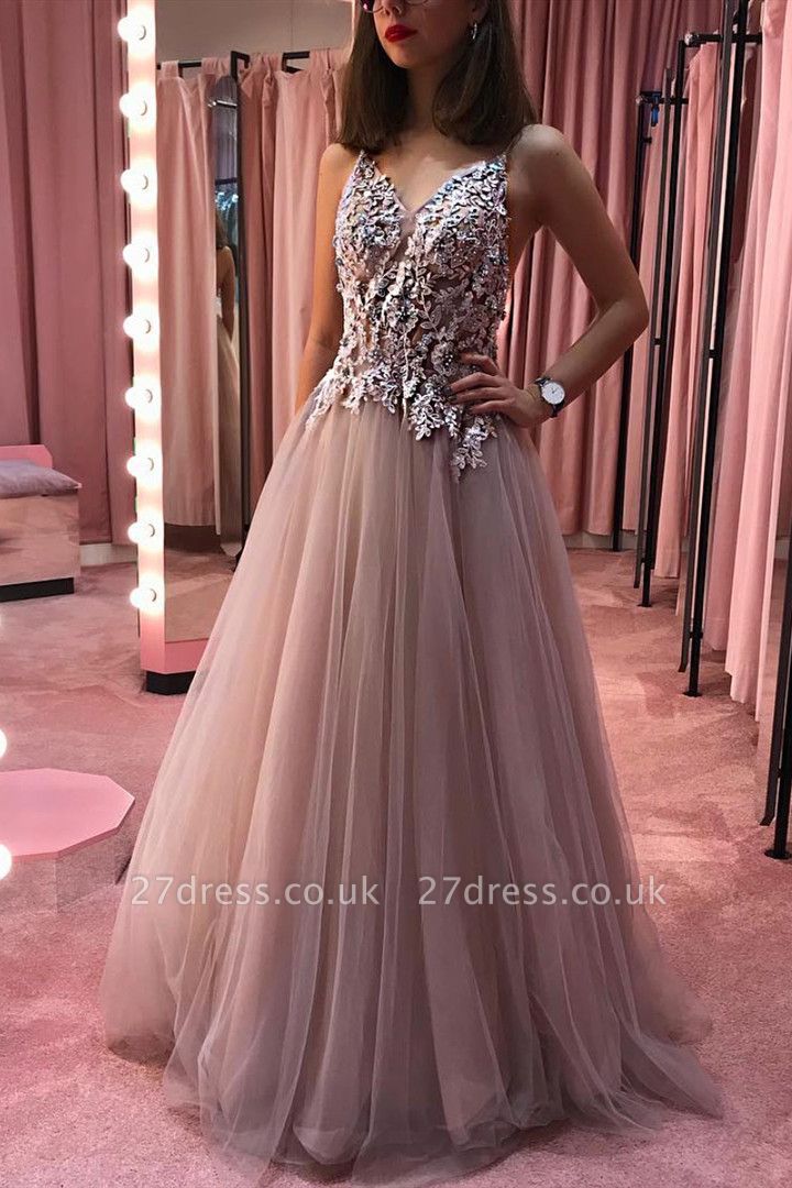 Appliques Beaded Sheer Bodice Evening Dress UK | Sexy Sleeveless Straps Long Prom Dresses