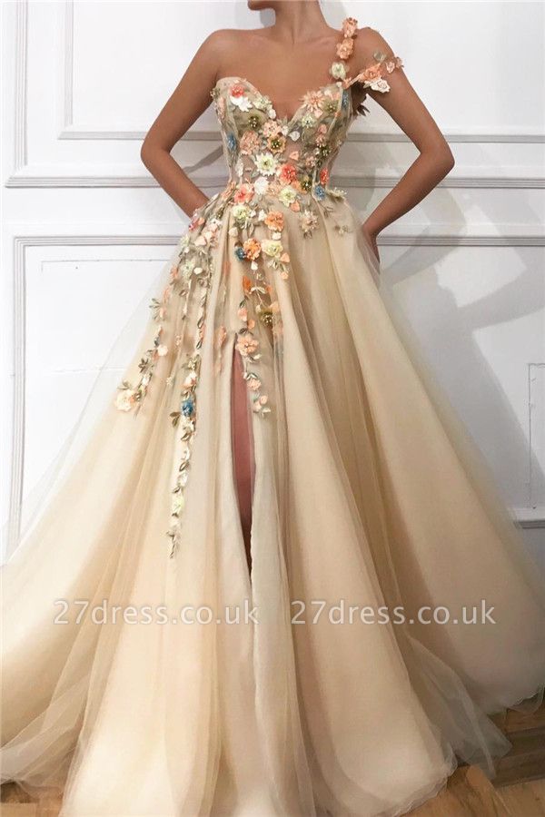 Cheap One Shoulder Straps Tulle Prom Dress |  Sweetheart Sexy Slit Appliques Flowers Evening Dress UK