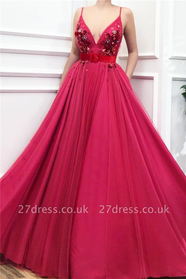 Spaghetti Straps V-Neck Burgundy Evening Dress UK | Tulle Flower Beaded Cheap Prom Dress with Sash