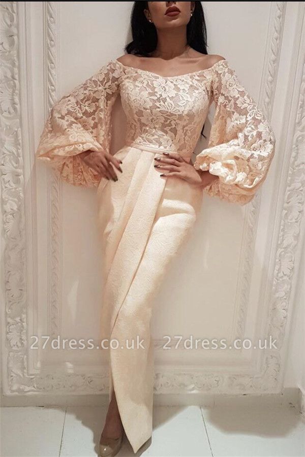 Elegant Lace Off the Shoulder Long Evening Dress UK |  Long Sleeve Sexy Slit Mermaid Prom Dress