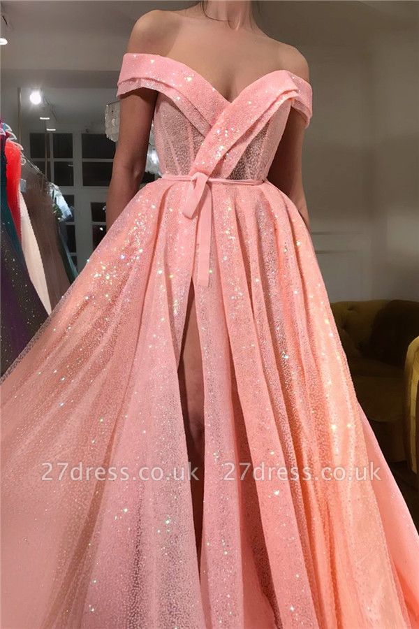 Sparkly Sequins Off The Shoulder Prom Dress |  Sleeveless Sexy Slit Long Evening Gowns UK