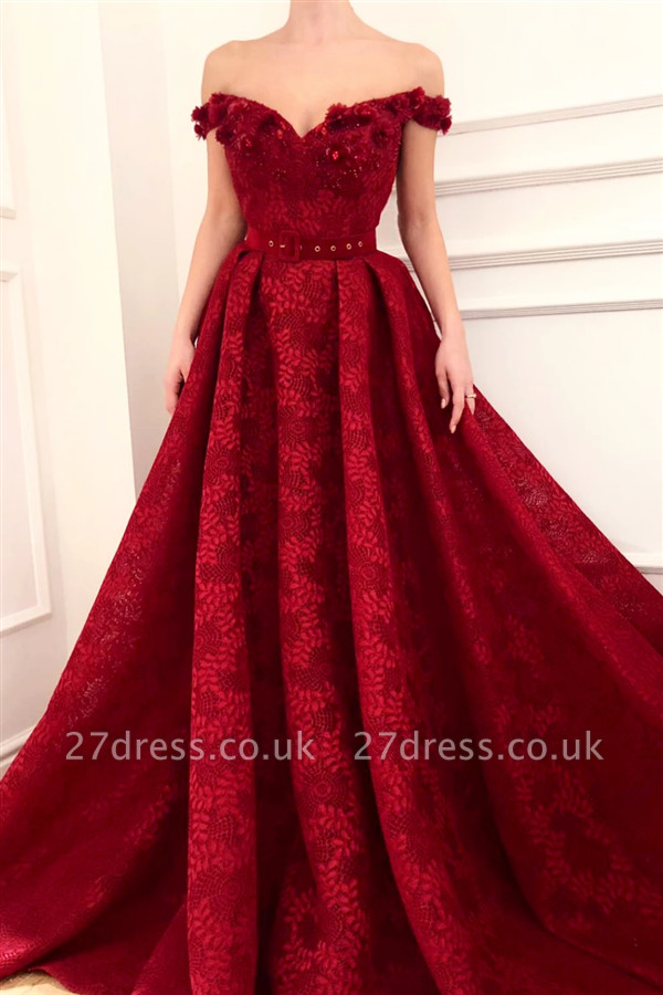 Off The Shoulder Ruby Lace Sexy Evening Dress |  Beaded Appliques Flowers Prom Dresses UK