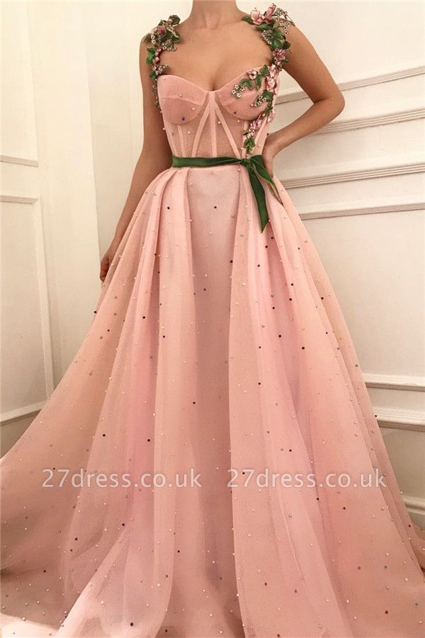 Sexy Pink Tulle Burgundy Sash Prom Dress with Pearls |  Sheer Bodice Sweetheart Evening Dress UK