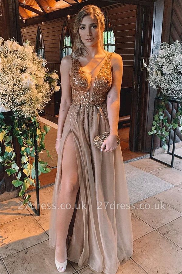 Sexy Slit Deep V-Neck Prom Dress Online|  Sleeveless Beaded Ruffless Long Evening Dresses