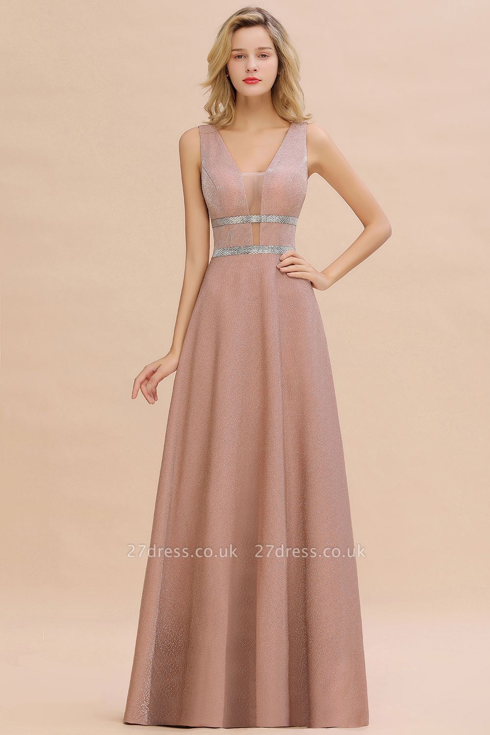 Sparkly Long Evening Dress with Shining Belt | Sexy Sleeveless Pink Formal Dress