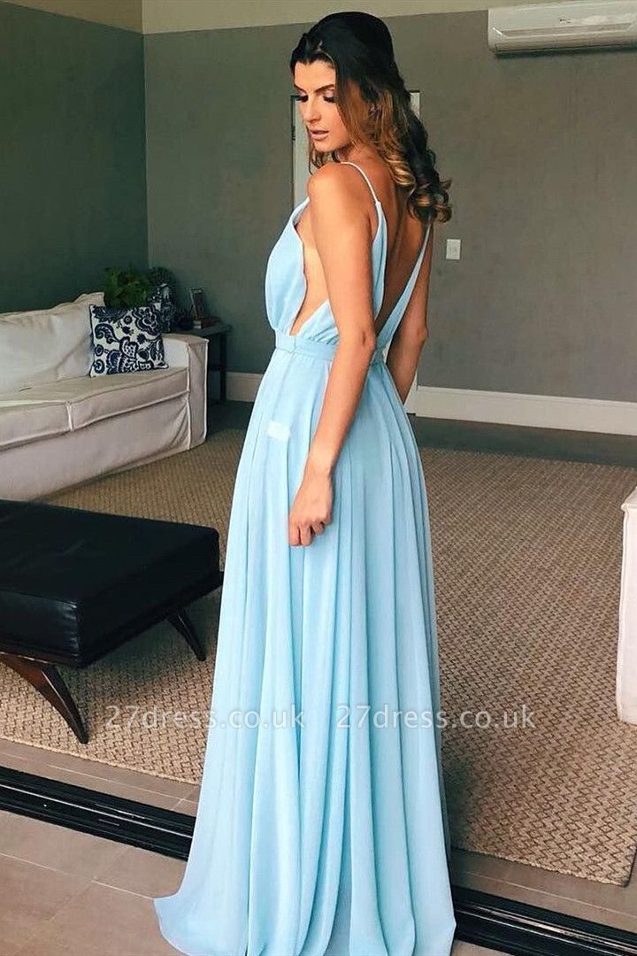 Deep V-Neck Open Back Sexy Evening Dress| Chiffon Spaghetti Straps Long Prom Gown UK