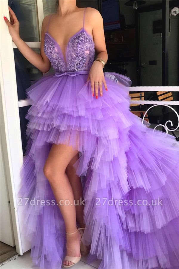 Hi-Lo Deep V-Neck Sleeveless Evening Dress |  Spaghgtti Straps Appliques  Prom Dress UK