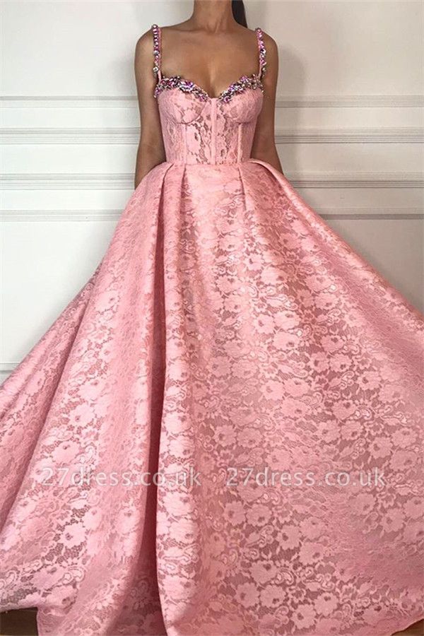 Ball Gown UK Evening Dress | Gorgeous Pink Lace Beaded Long Prom Dress