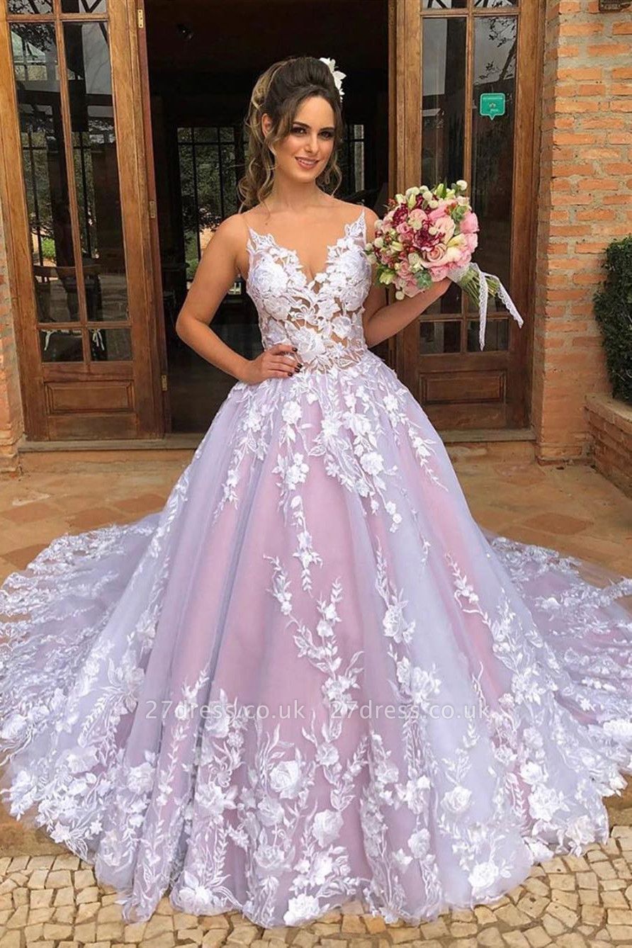 Spaghetti Straps Sexy Evening Dress UK| New Pink Tulle Lace Appliques Long Prom Dresses