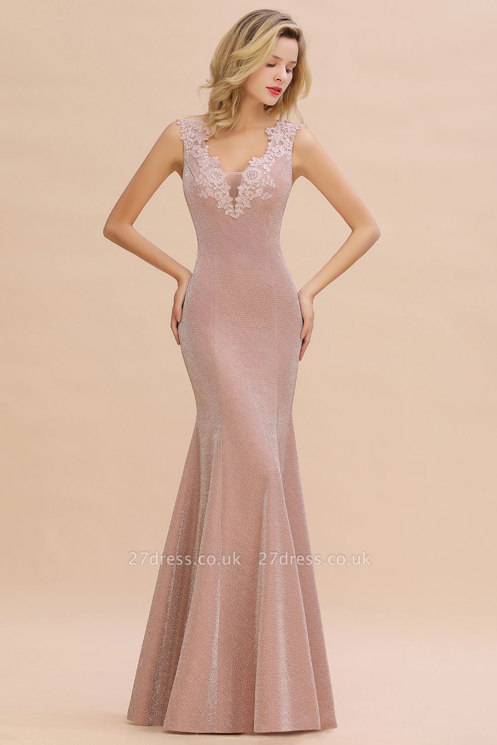 Sparkly V-neck Sexy Evening Dress UK | Flowers Sleeveless Pink Floor Length Formal Dresses