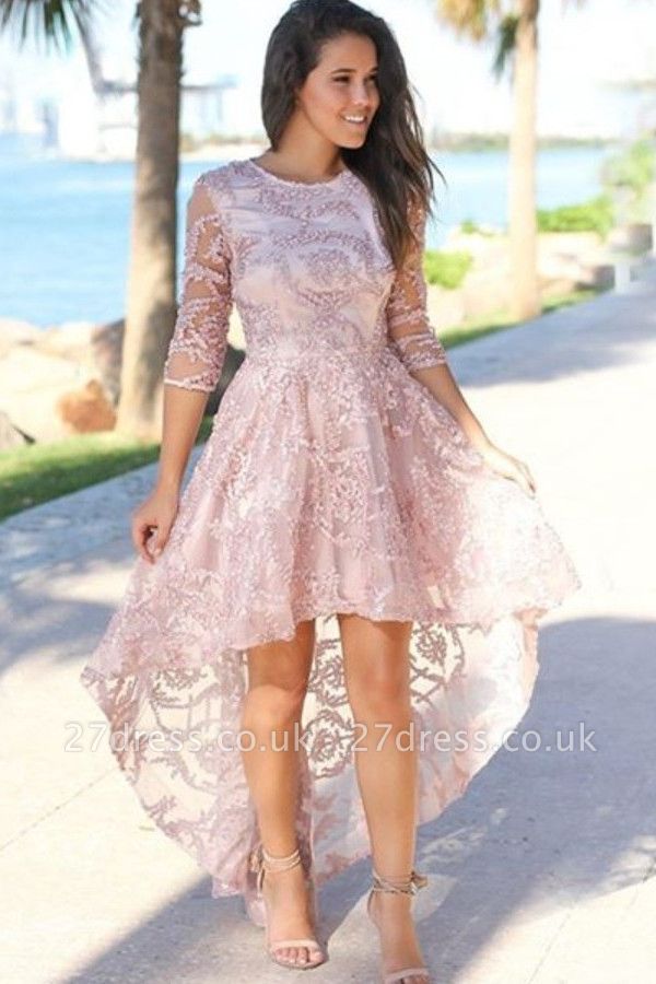 Lace Sleeves Hi-lo Cheap Evening Dresses UK | Sexy Beaded Pink Formal Dresses Online